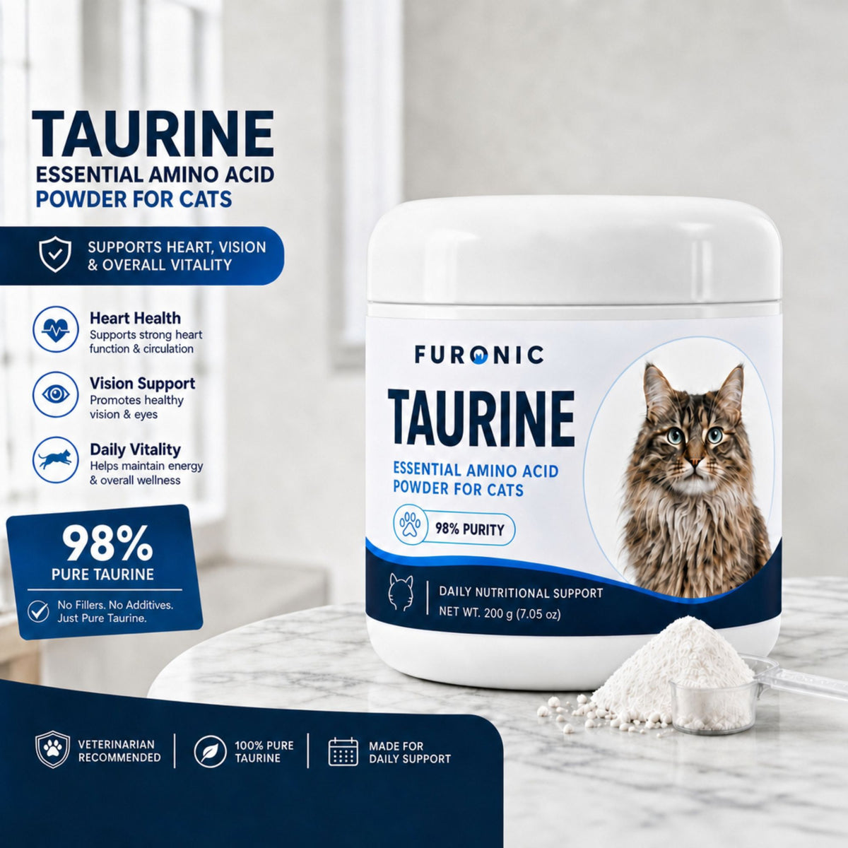 Furonic™ Taurine for Cats — Heart, Vision & Vitality Support (200g Powder, 30 Servings)