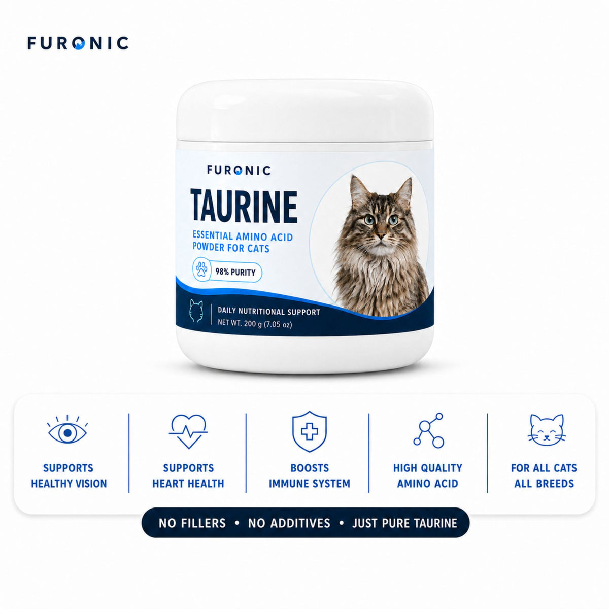 Furonic™ Taurine for Cats — Heart, Vision & Vitality Support (200g Powder, 30 Servings)